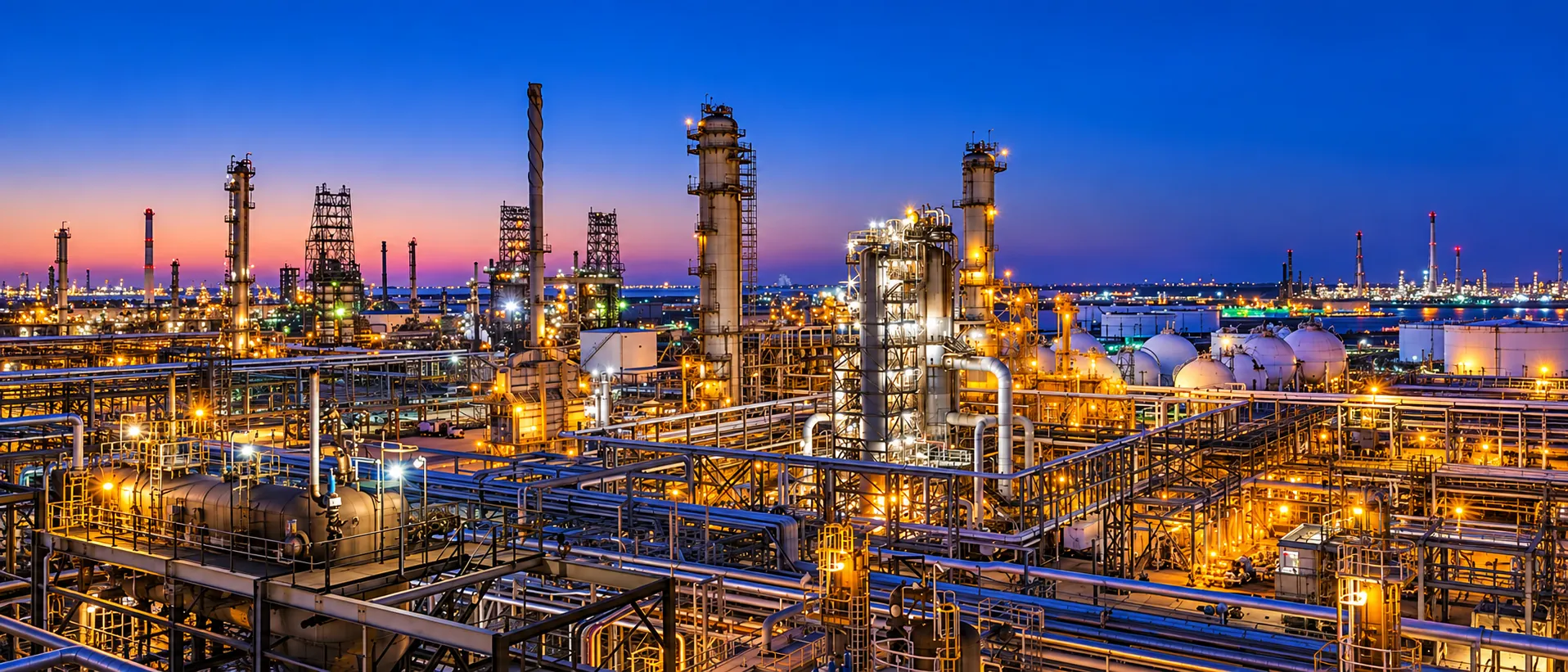 Wide evening view of industrial oil and petrochemical facilities, illuminated towers, tanks and pipework